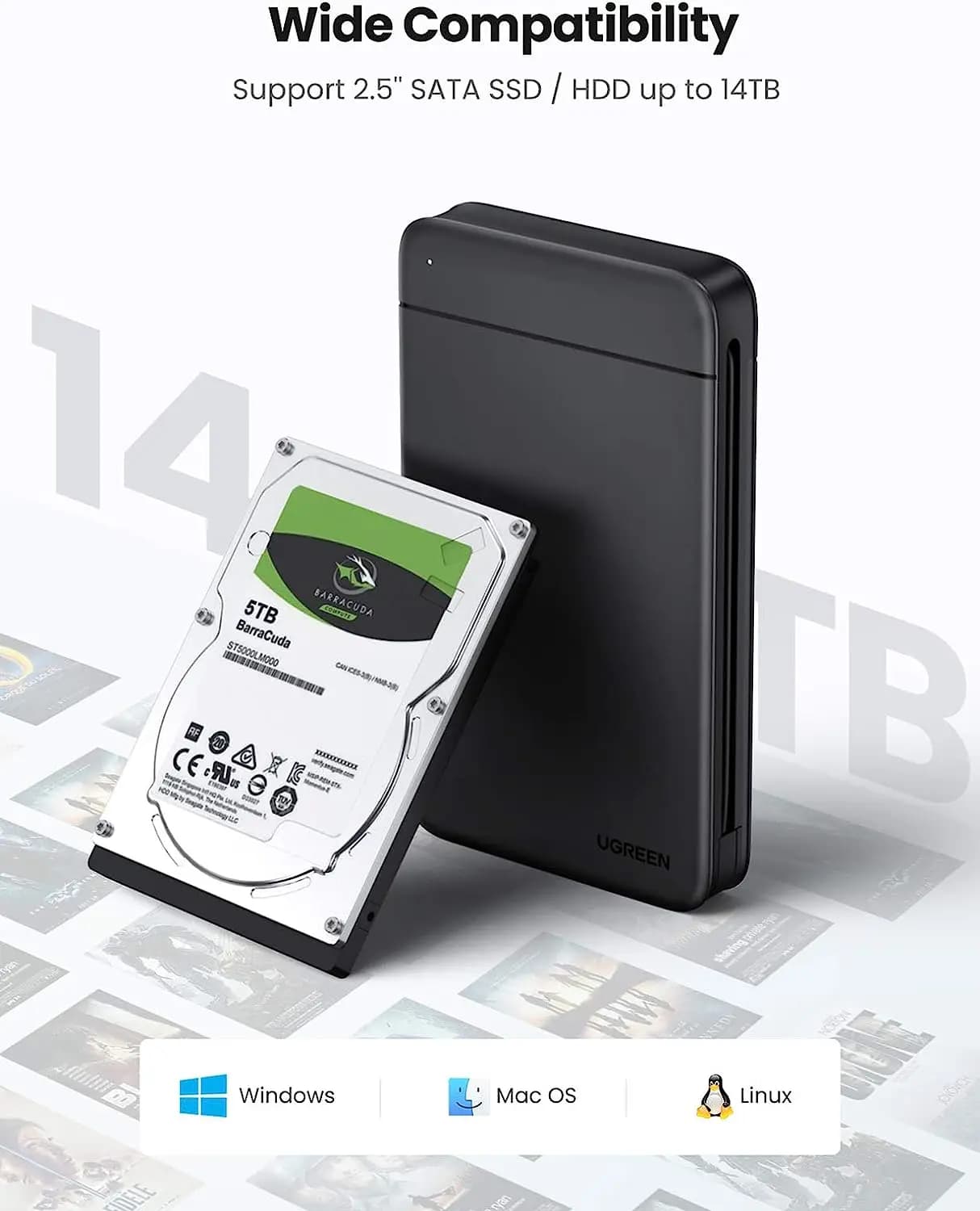 UGREEN Box Esterno USB C per Hard Disk, USB 3.1 Gen 1 a SATA III 5Gbps per SSD e HDD da 2.5 Pollici 9.5mm 7mm