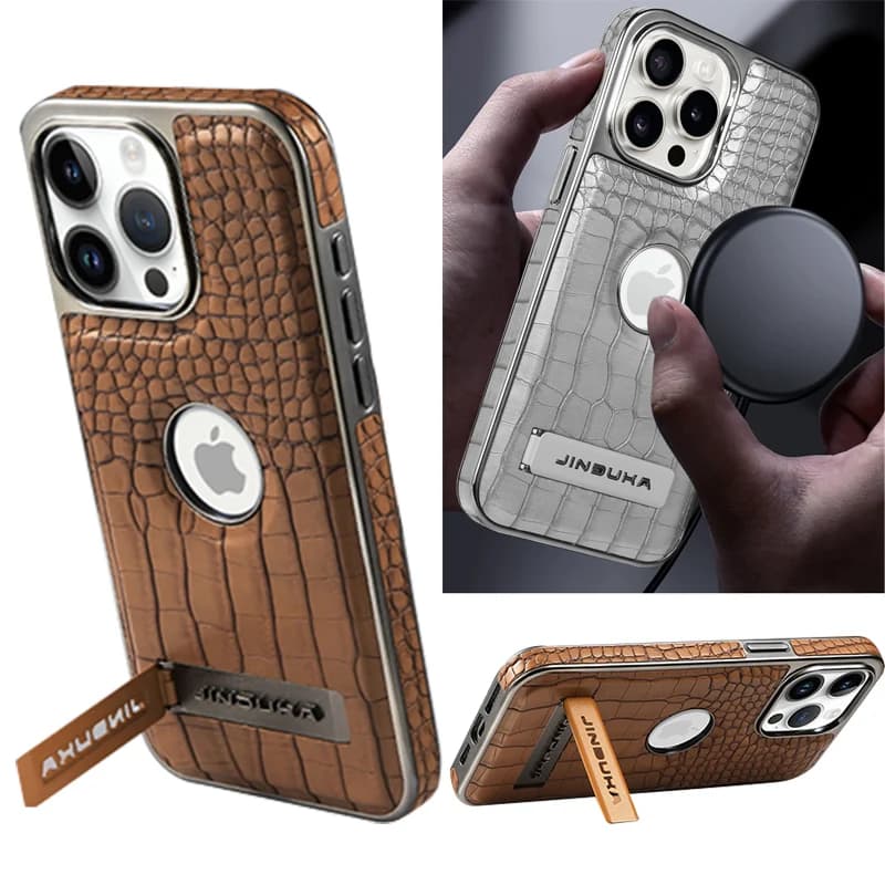 Custodia per iPhone 16 15 14 13 12 11 Air Pro Max 16e Modello coccodrillo Pelle Magsafe Ricarica wireless Cavalletto in metallo Cover