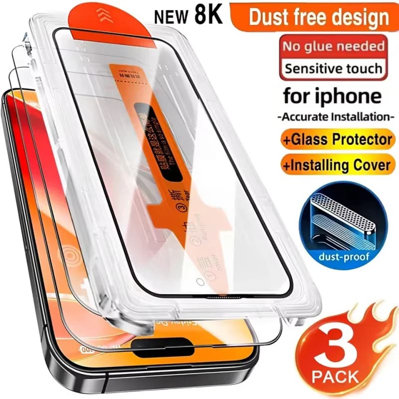 3 piece HD Tempered Glass Screen Protector for iPhone 17 16 Pro Max 15 14 11 12 13 Mini Installation without scratch dust