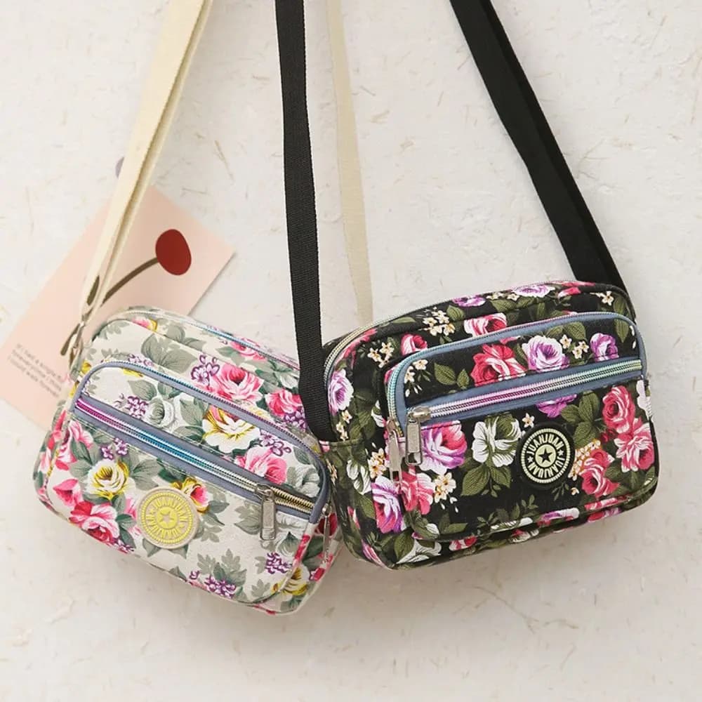 Casual Nylon Shoulder Bag Multi Layered Floral Print Classic Crossbody Bag Vintage Handbag Women Girls