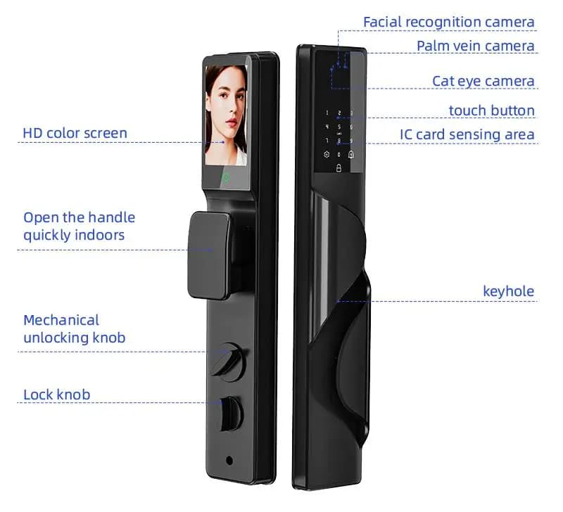Serratura di Sicurezza con App Tuya, Serrature Intelligenti Impermeabili con Riconoscimento Facciale 3D e Palmare, Videocamera, Serratura Intelligente