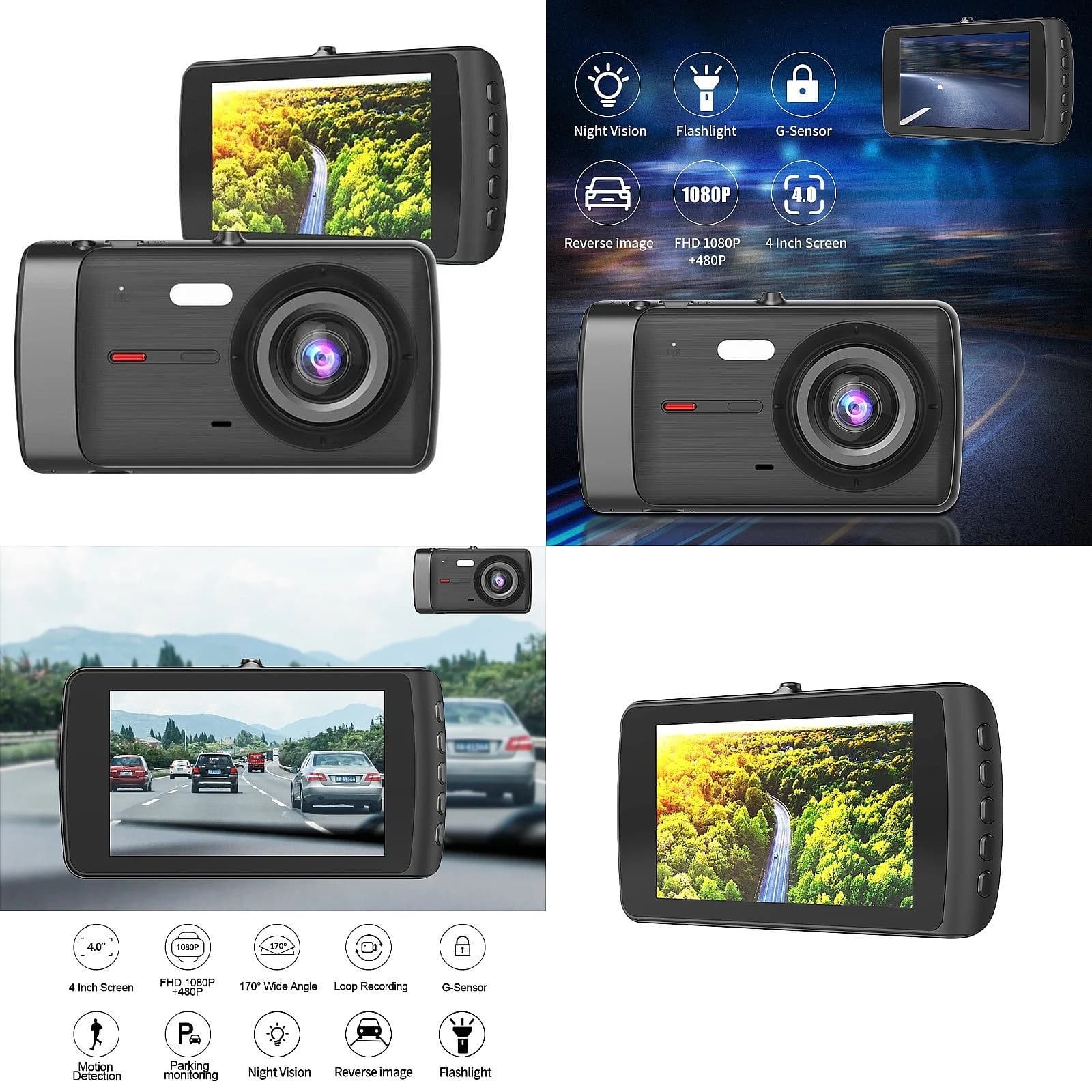 HD 1080P Dual Lens Dash Cam 4 Inch Hidden Touch Screen Car DVR Rearview