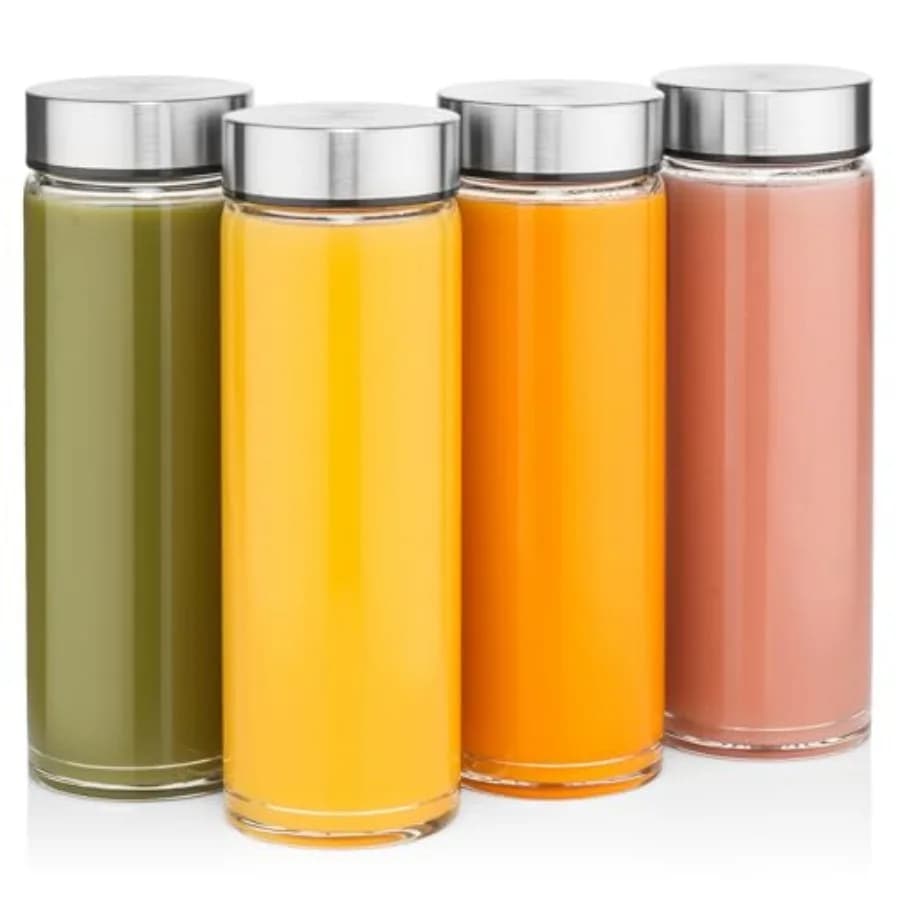 Bottiglie per Succhi - Set da 4 Bottiglie in Vetro a Bocca Larga con Coperchi - per Succhi, Frullati, Acqua Aromatizzata, Conservazione Bevande - Senza BPA