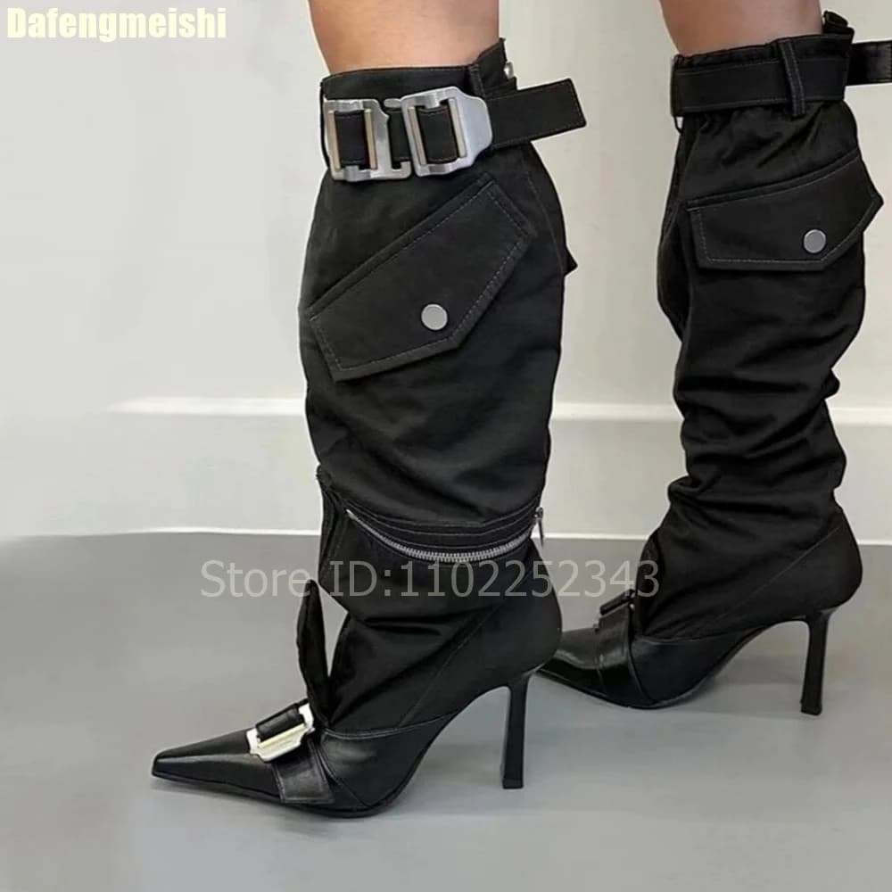 2026 Autumn Women's Knee Boots Metal Belt Buckle Toe Spike Street Fashion Style Side Hinge New Boots