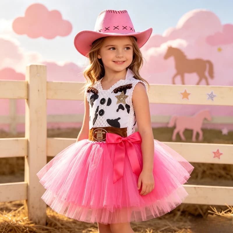 Cowboy‑style Mesh Tutu Princess Dress Outfit With Matching Hat And Scarf Accessory Halloween Party Stage‑show Cosplay Costume