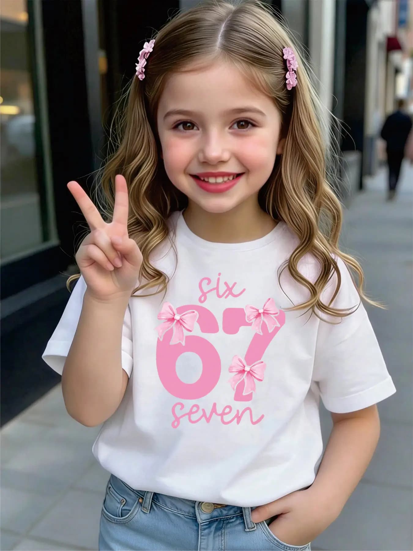 Kids Girls T-Shirt, "Six Seven" Pink Bow Print Short Sleeve Casual Cotton Tee for Birthday & Daily Wear