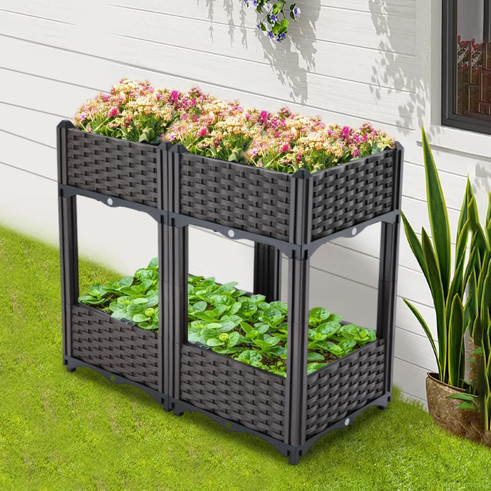 2 Tier Balcony Vegetable Pot with Water Storage Tray Thickened Planting Box Wear Resist Plastic Planter Box for Home Decor