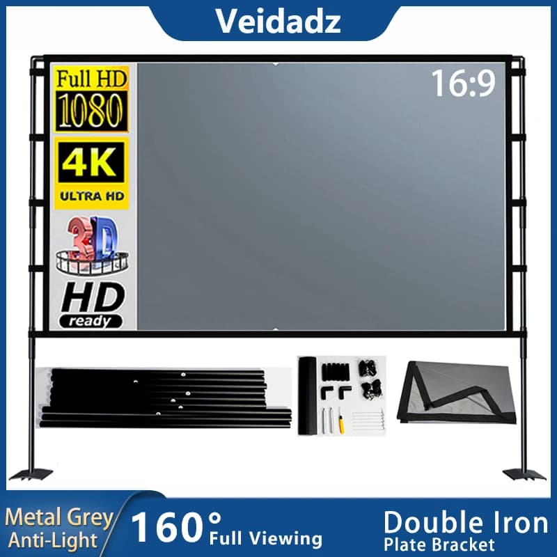 Schermo del proiettore VEIDADZ con supporto grigio Anti-luce 84-120 pollici piastra di ferro pieghevole schermo a doppia staffa con borsa per il trasporto portatile