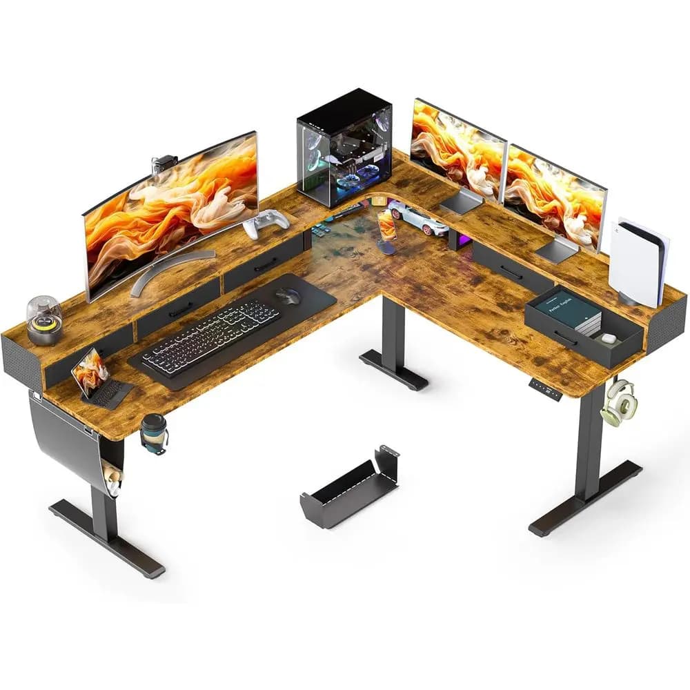 Scrivania Ergonomica a L Regolabile da 75 Pollici con 5 Cassetti e Ripiano per Monitor, Marrone Rustico