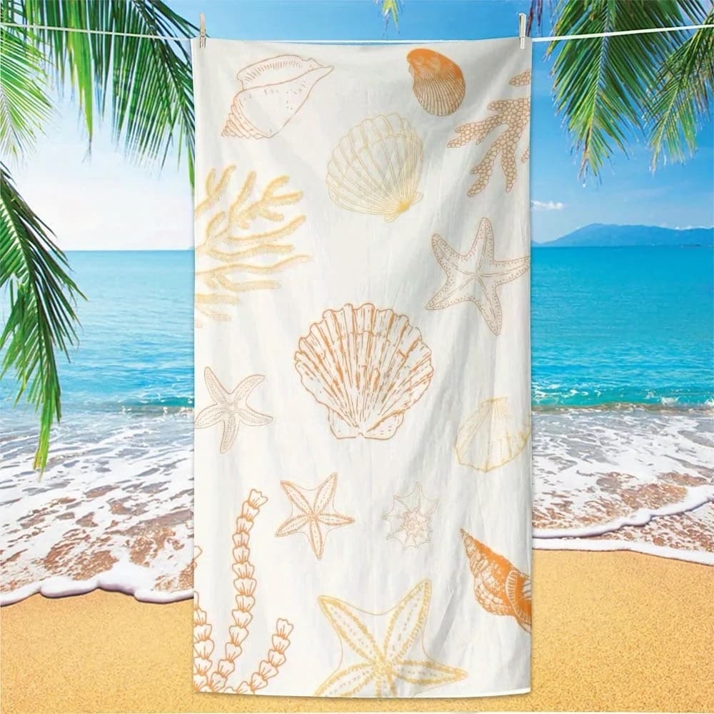 Asciugamano da spiaggia 1 pezzo: resistente alla sabbia, assorbe l'acqua, con conchiglia tropicale e motivo a stelle marine, ottimo per i viaggi, tessuto in poliestere