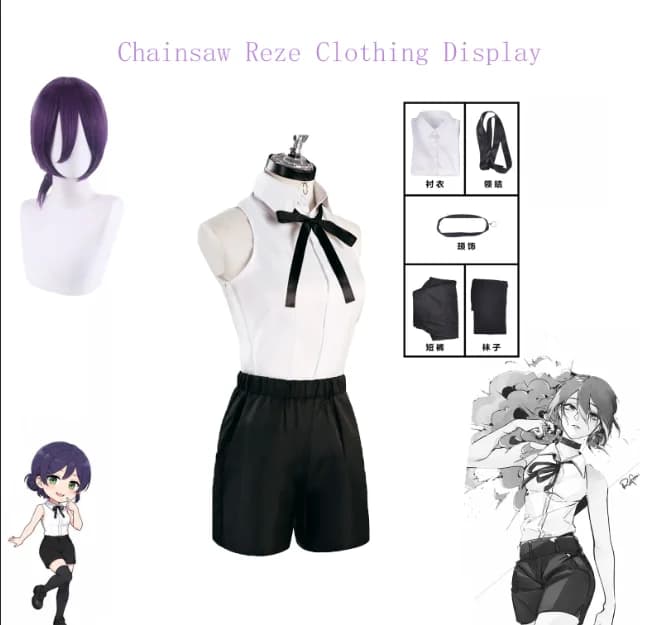 Reze Cosplay Costume Bomb Devil Outfit Sleeveless Shirt Bow Tie Black Shorts Wig Set Women Anime Halloween Carnival Uniform