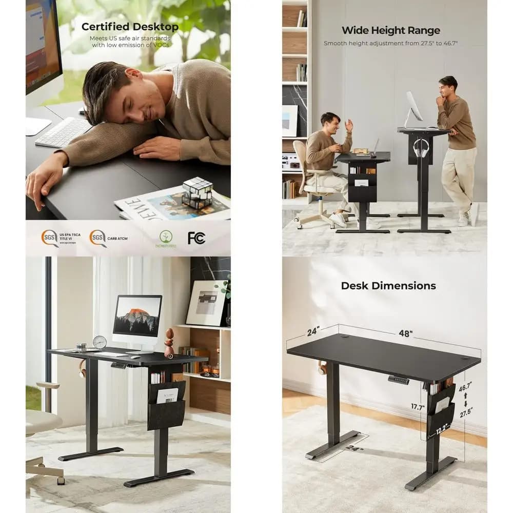Scrivania elettrica da terra regolabile in altezza 48x24 pollici Scrivania stand up con custodia e gancio per cuffie, memoria preimpostata, ufficio domestico