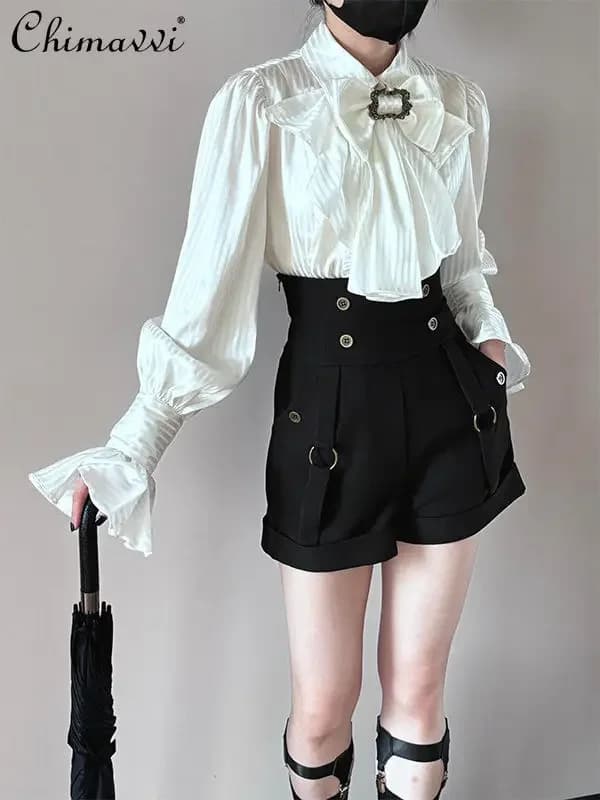 2pcs Prince Style Gothic Shirt and Shorts Set Spring New Long Vintage Sleeve White Flared Stand Collar Top Lolita Outfit