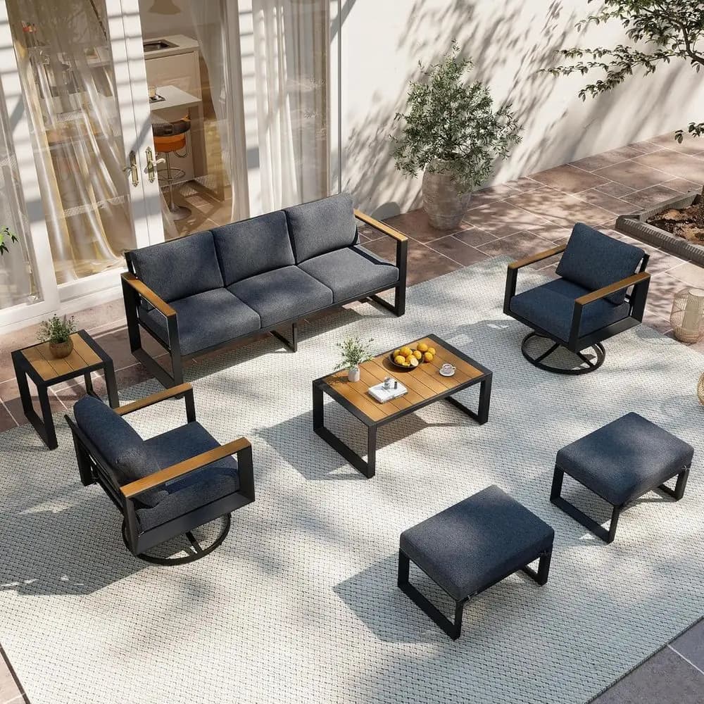 Set di mobili da giardino con sedie girevoli, set da giardino da 7 pezzi con cuscini resistenti all'acqua, grigio