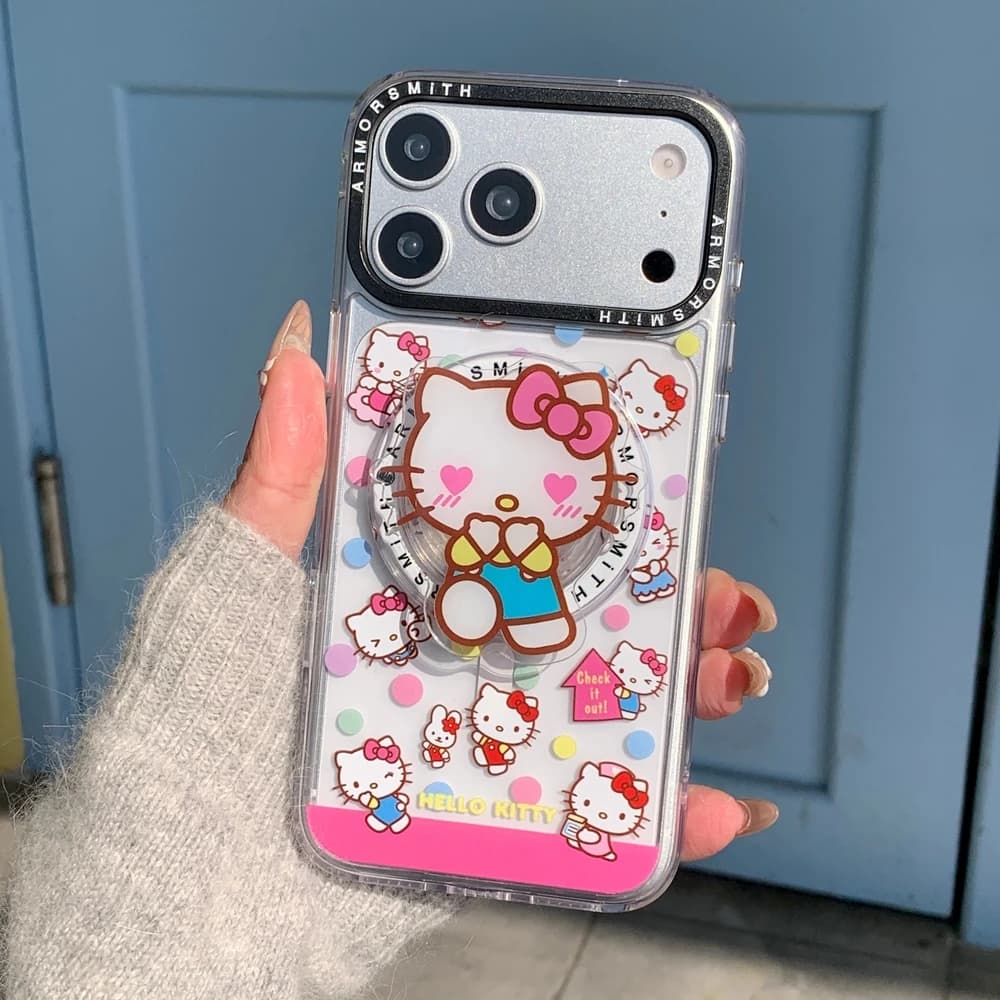Custodia per telefono Sanrio Hello Kitty con supporto magnetico e ricarica wireless MagSafe per iPhone 17 16 15 14 13 12 11 Pro Max, cover rigida