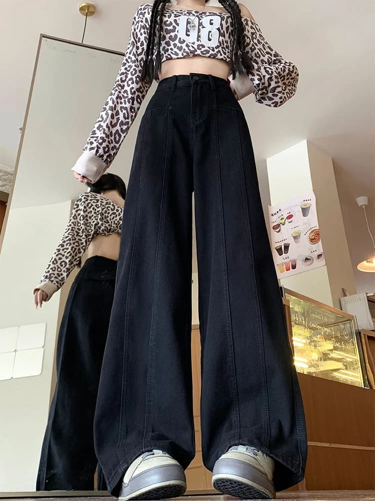 Jeans Neri Larghi a Gamba Larga da Donna, Nuovo Stile Primaverile, Pantaloni a Gamba Dritta Larghi a Vita Alta, Modellanti per Corpo a Pera