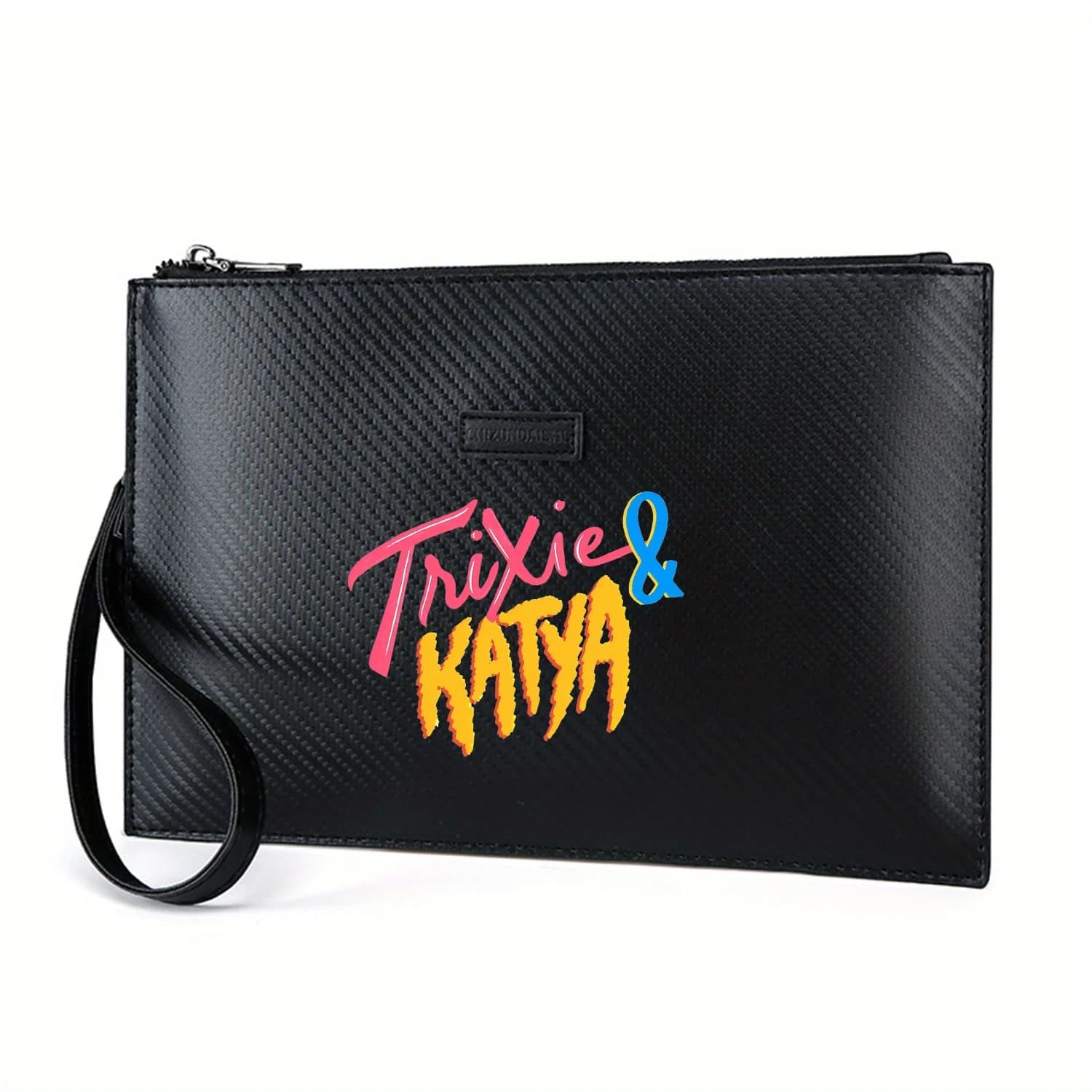 Trixie & Katya design con testo vibrante Elegante borsa da uomo in PU stampato Alla moda e pratica per il trasporto quotidiano