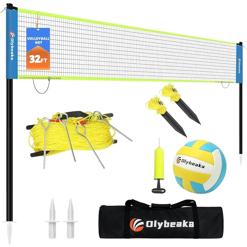 Set di Rete da Pallavolo Portatile per Esterni, per Giardino e Spiaggia, con Pali Regolabili, Pallone in PU Morbido e Pompa, Borsa per il Trasporto e Resistente
