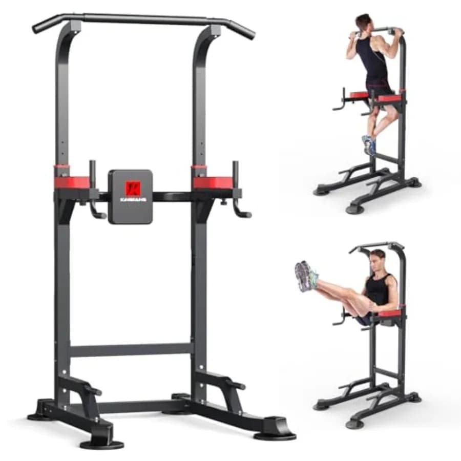 Home gym dip station and pull-up bar: adjustable height, steel construction, black finish, 450 lbs capacity, compact strength t