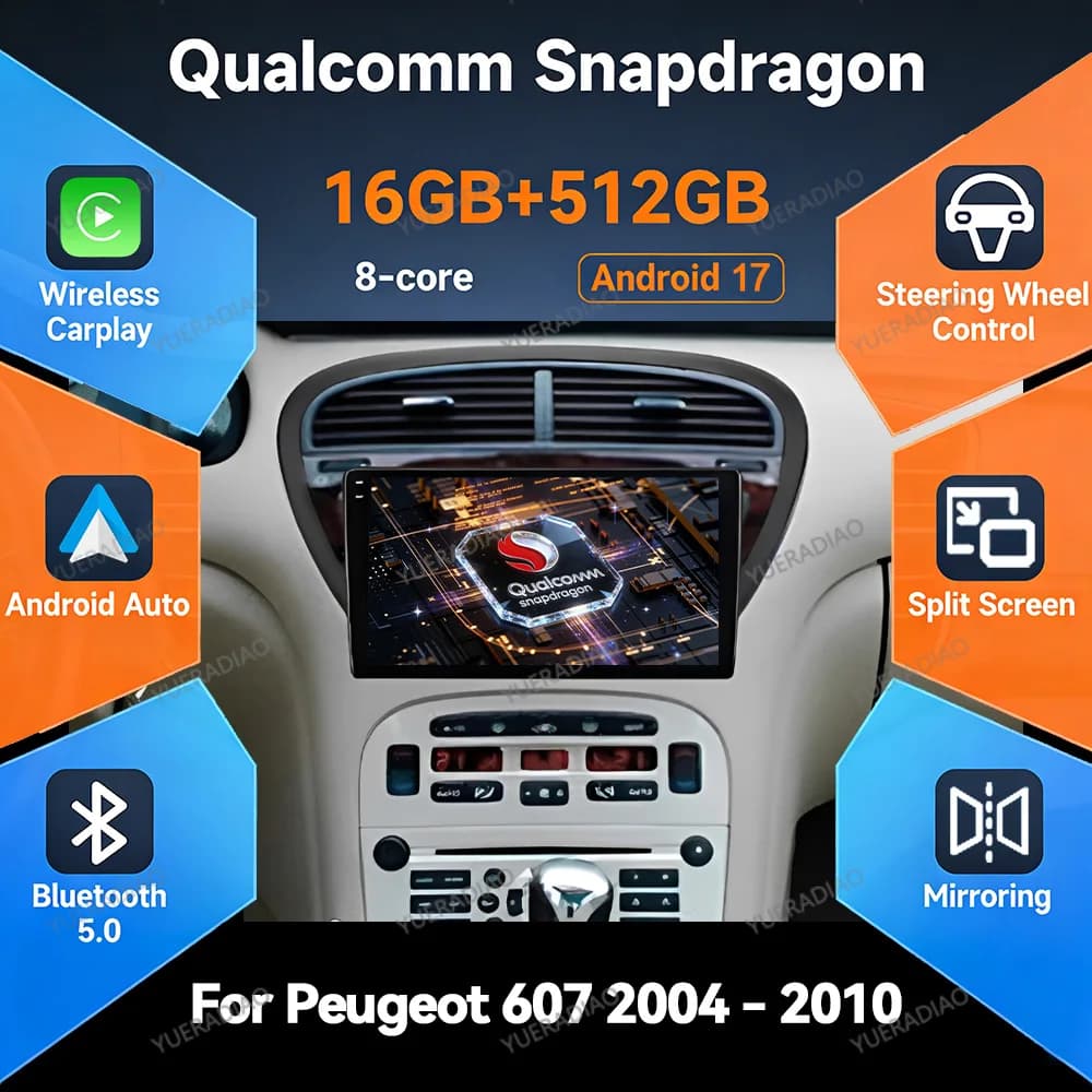 Autoradio Android 17 per Peugeot 607 2002-2008, Multimedia Carplay 2K QLED Bluetooth, Radio Auto Doppio DIN FM SWC