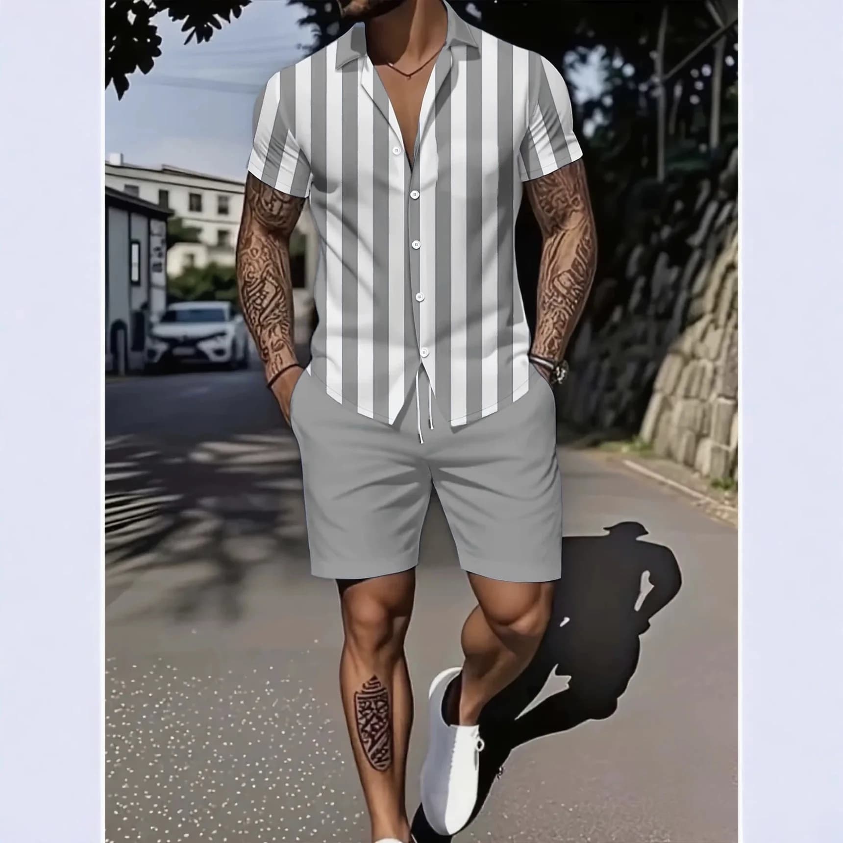 Men's Turn Collar 3D Striped Printed Shirt And Shorts Hawaiian Vacation Two Piece Set