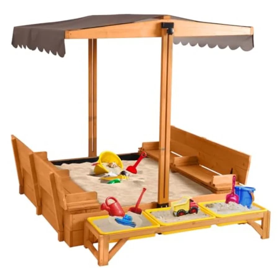 Casetta da gioco in legno con copertura, contenitore per sabbia da esterno con coperchio e 3 vaschette per giocattoli, colore legno naturale, per divertimento in giardino