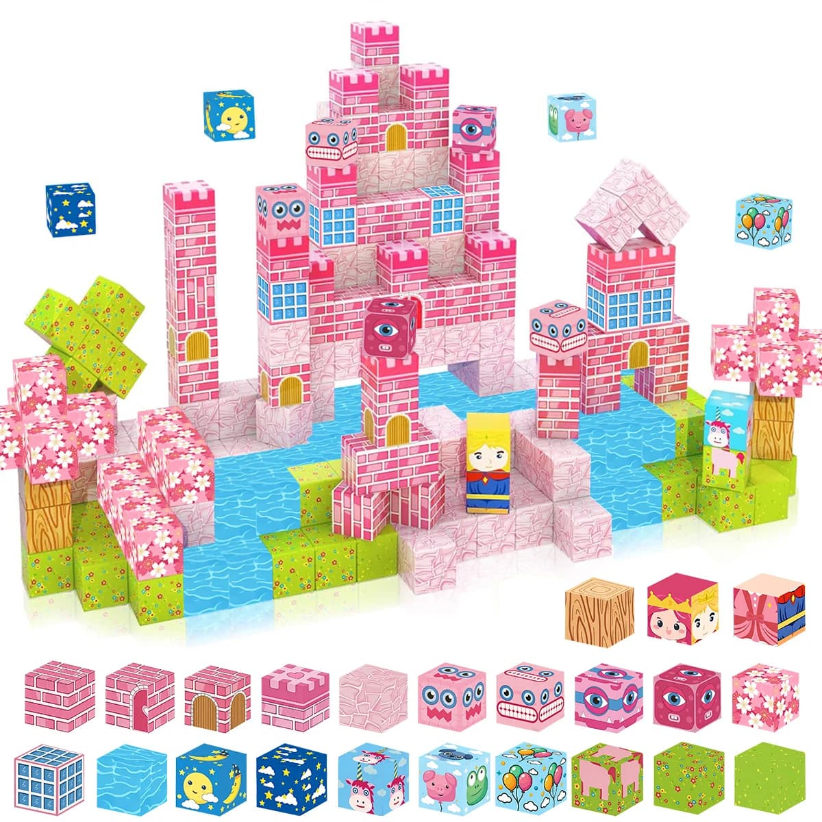 Set di Blocchi Magnetici Castello della Principessa Sakura, Gioco Educativo Montessori Rosa Fantasia, Regalo di Compleanno, 100/200/300 Pezzi