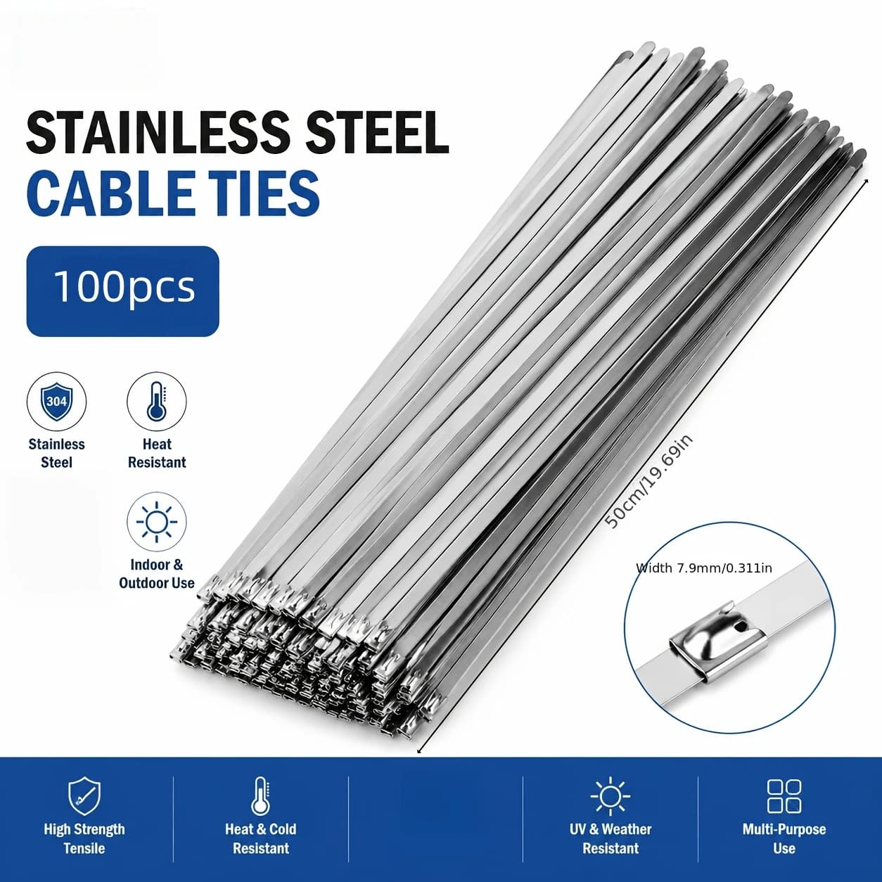 304 stainless steel cable tie 7.9mm wide, self-locking cable tie, high-temperature resistant metal cable tie,