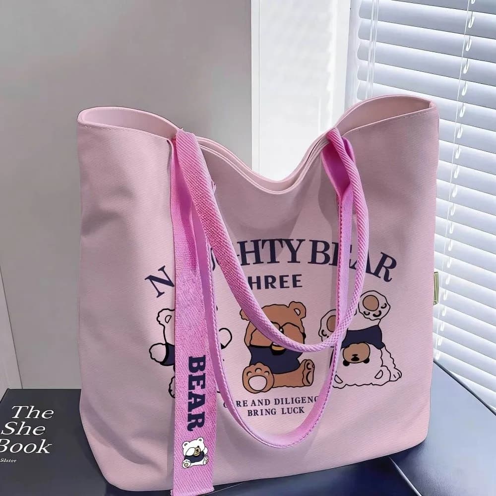 Cute Cartoon Canvas Tote Bag Reusable Lightweight Commute Handbag Large Capacity Shoulder Bag For Work