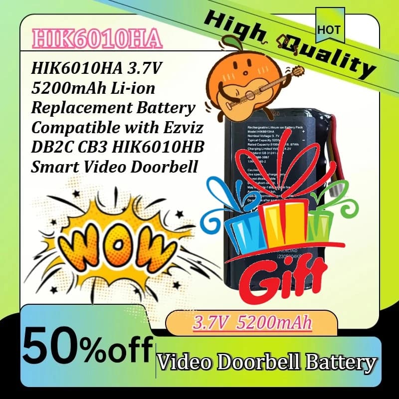 High quality 3.7V 5200mAh HIK6010HA Li-ion Replacement Battery Compatible with Ezviz HIK6010HB DB2C CB3 Smart Video Doorbell