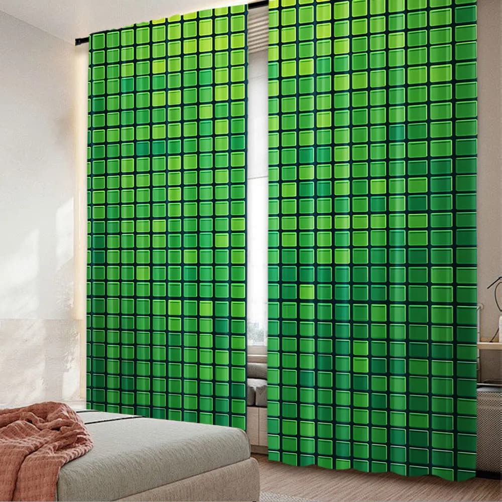 2 pezzi tenda verde astratta vibrante quadrato pixel mosaico design tecnologia geometrica griglia adatta per camera da letto bagno soggiorno