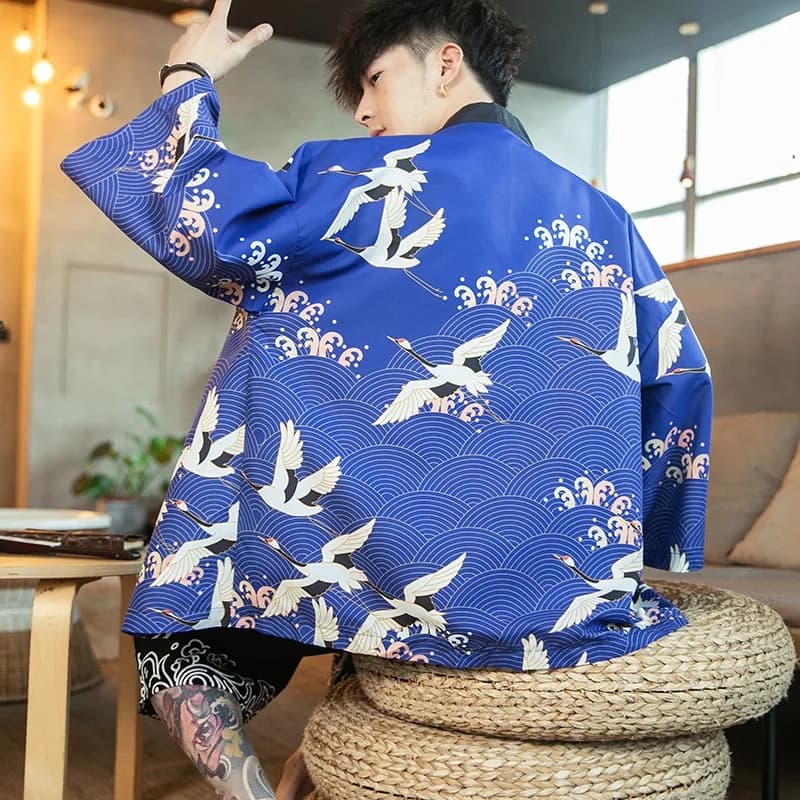Uomo Yukata Haori tradizionale giapponese vestiti giacca estate camicia Casual Plus Size 4Xl 5Xl giapponese Kimono Cardigan stampa gru