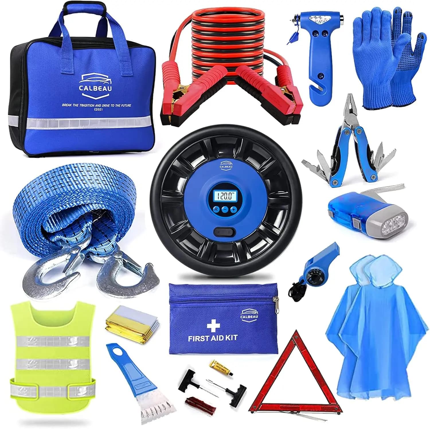 Complete Car Emergency Kit with Air Compressor, Jumper Cables, First Aid, Tow Strap for Roadside Safety