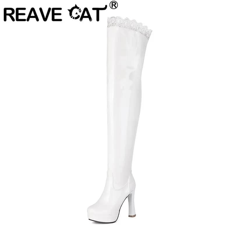 REAVE CAT 2025 Sexy Women Knee High Boots Round Toe Block Heels 11cm Platform 2.4cm Zipper Party Stretch Bota Big Size 46 47 48