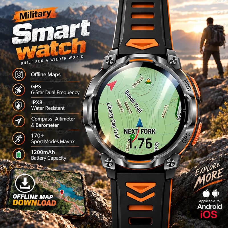 New No Signal Map Navigation GPS Smart Watch Men 1200mAh Big Battery Waterproof Compass Altimeter 170+Sports Military Smartwatch