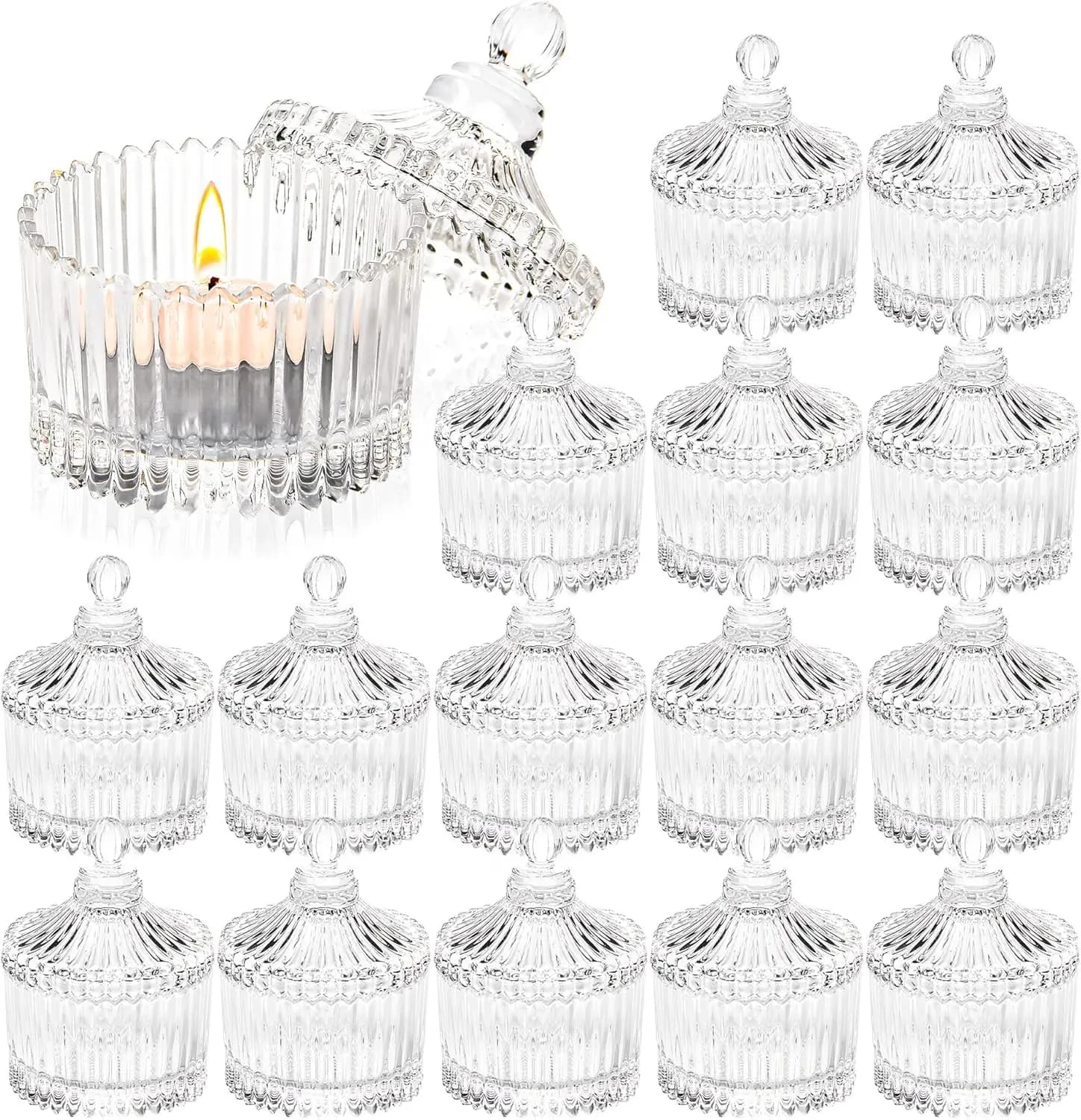 Set di 16 Portacandele in Vetro Trasparente con Coperchi, Confezione Convenienza per Centrotavola Matrimoniali e Decorazioni per la Casa (2,68'' x 1,65'')