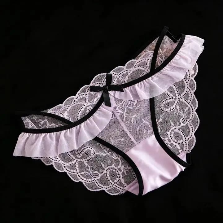 Women's Underwear Low Rise Panties Ruffle Lace Back Straps Sheer Floral Mesh Briefs Cotton Crotch Lilac Kawaii Sexy Lingerie