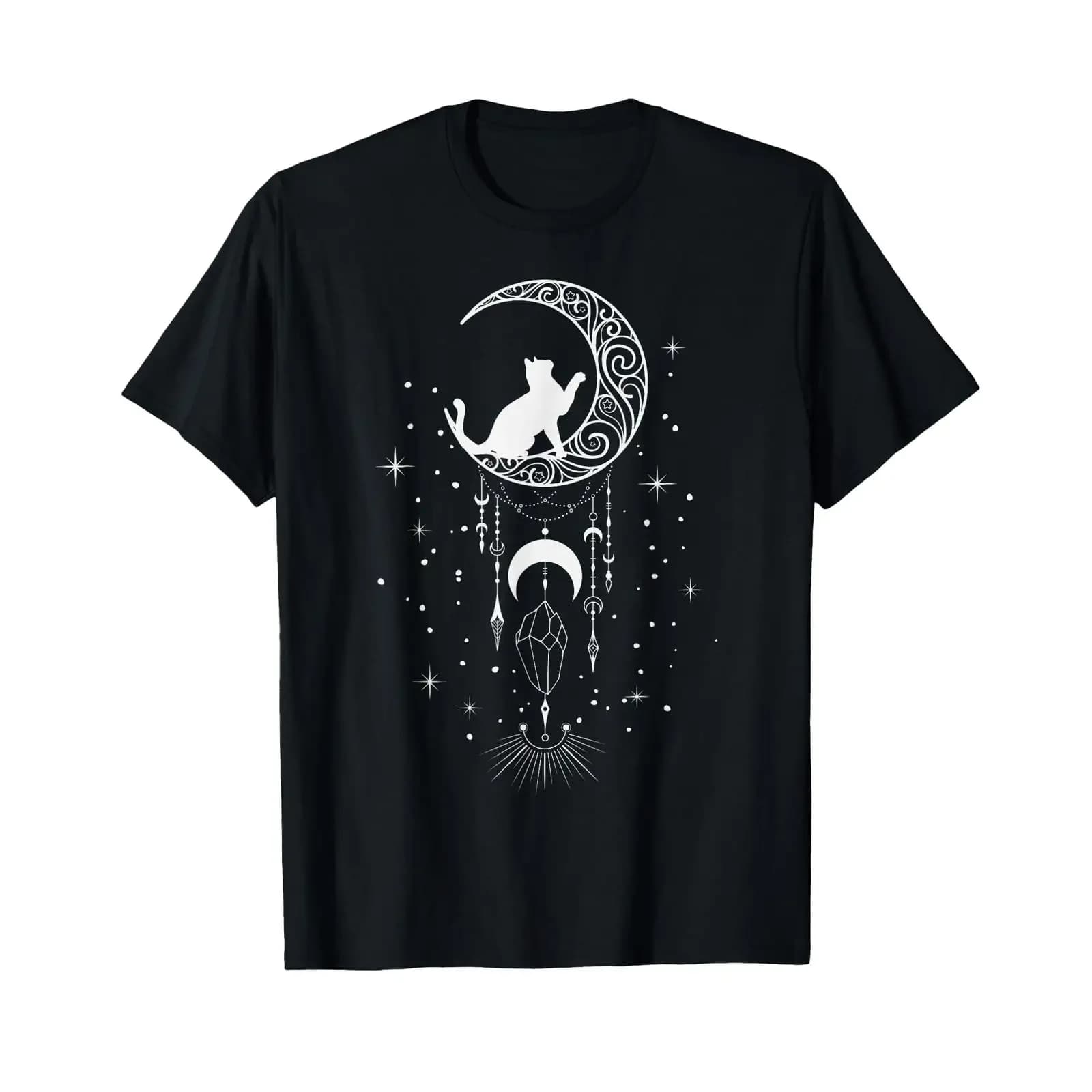Astrology Cat Crescent Moon Dream Catcher Esoteric T Shirt black vintage Washed Slightly Stretched Versatile graphic streetwear