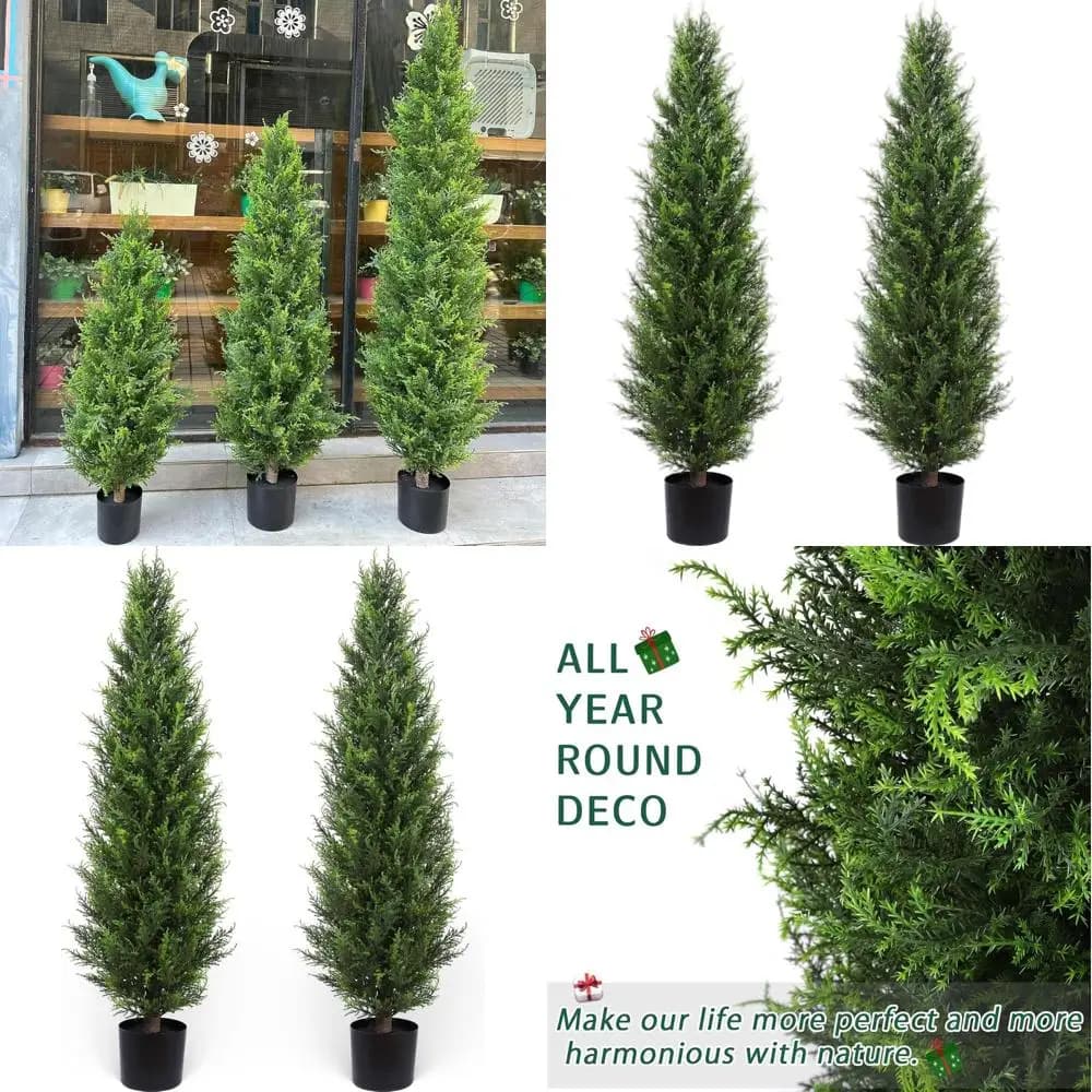 Set of 2 Artificial Cypress Trees - Evergreen Plants in Interior or Outdoor Decoration Vase