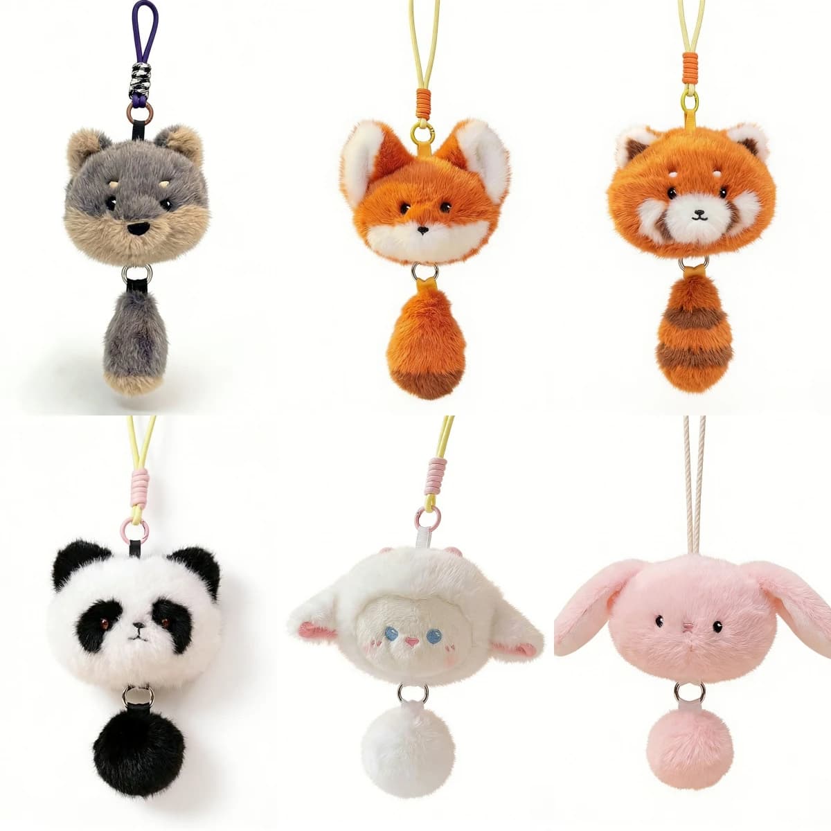 Set di Portachiavi con Animali Cartoon, Morbidi Peluche di Panda, Volpe, Cane, Coniglio, Pecora, Ciondolo Creativo alla Moda per Regalo di Compleanno per Bambini