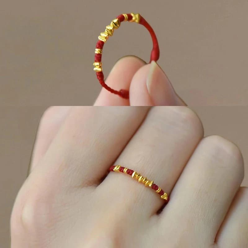 Bohemian Chinese New Year Lucky Braided Ring Golden-Toned Knot & Auspicious Red Cord Charm Casual Attire Lunar Celebration Gift.