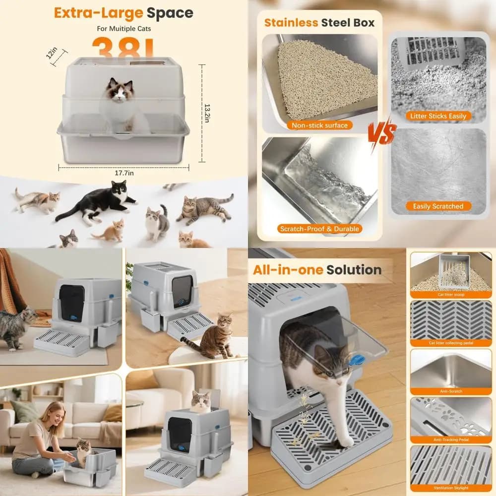 Lettiera per Gatti Extra Large in Acciaio Inox, Aperta in Alto, Antiaderente, Inodore, Facile da Pulire, Ideale per Animali Domestici da Interno