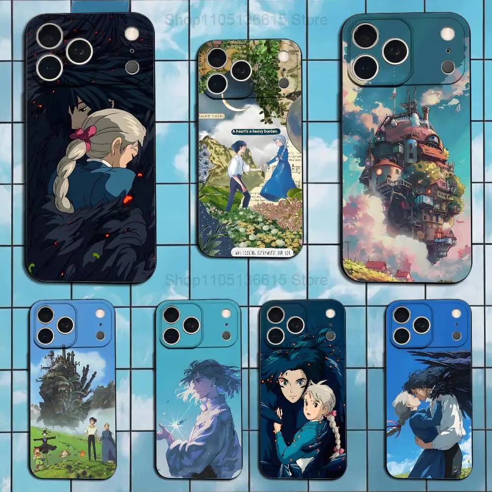 Custodia H-Howles M-Moving C-Castles per iPhone 6,17,16,15,14,13,12,11 Plus,Pro Max, XS, X, XR, SE, Mini, 8,7, Cover nera in morbido silicone