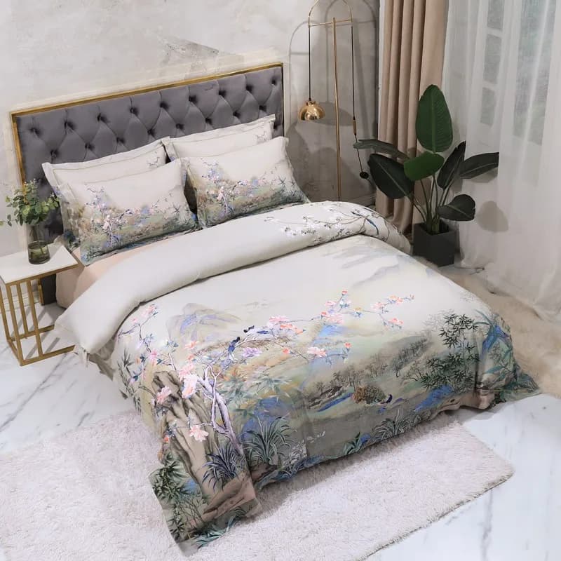 Set copripiumino con stampa di paesaggi naturali chic e idilliaci, 100% cotone egiziano, 4/6 pezzi, lenzuolo piatto/attillato e federe