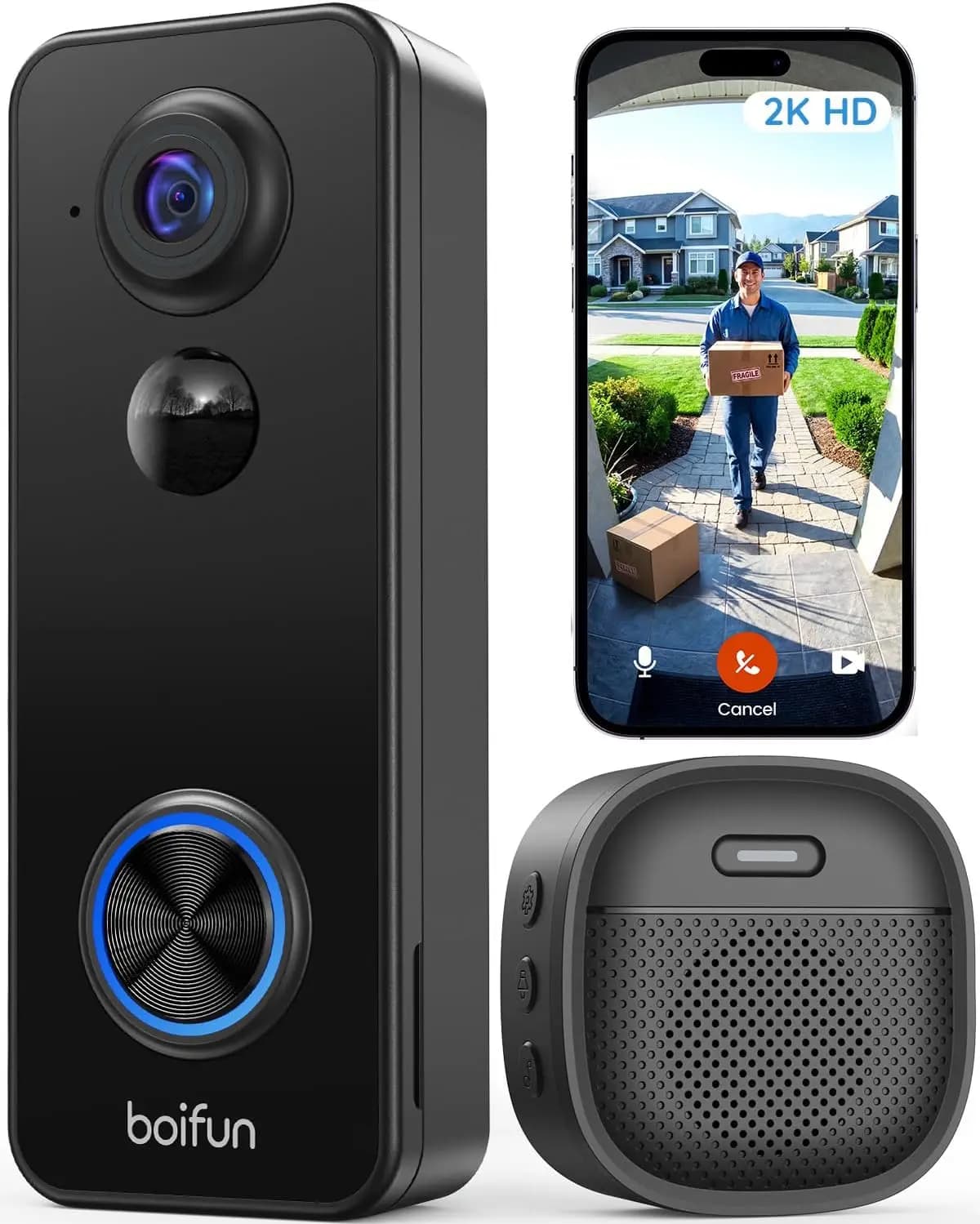 Campanello Video Wireless con Telecamera, 180° ° Visione Ampia, 2K HD, Senza Abbonamento, Rilevamento Umano AI, Visione Notturna