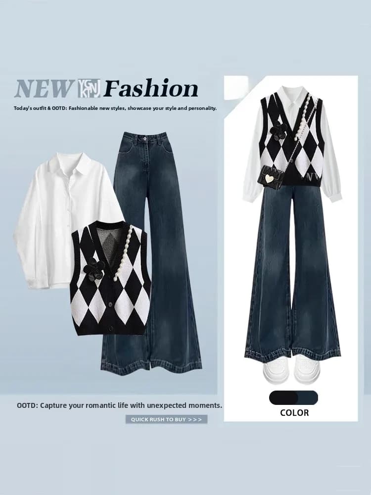 Completo da donna primaverile di alta gamma: gilet in maglia a quadri, jeans svasati e top - Set tre pezzi alla moda in bianco e nero