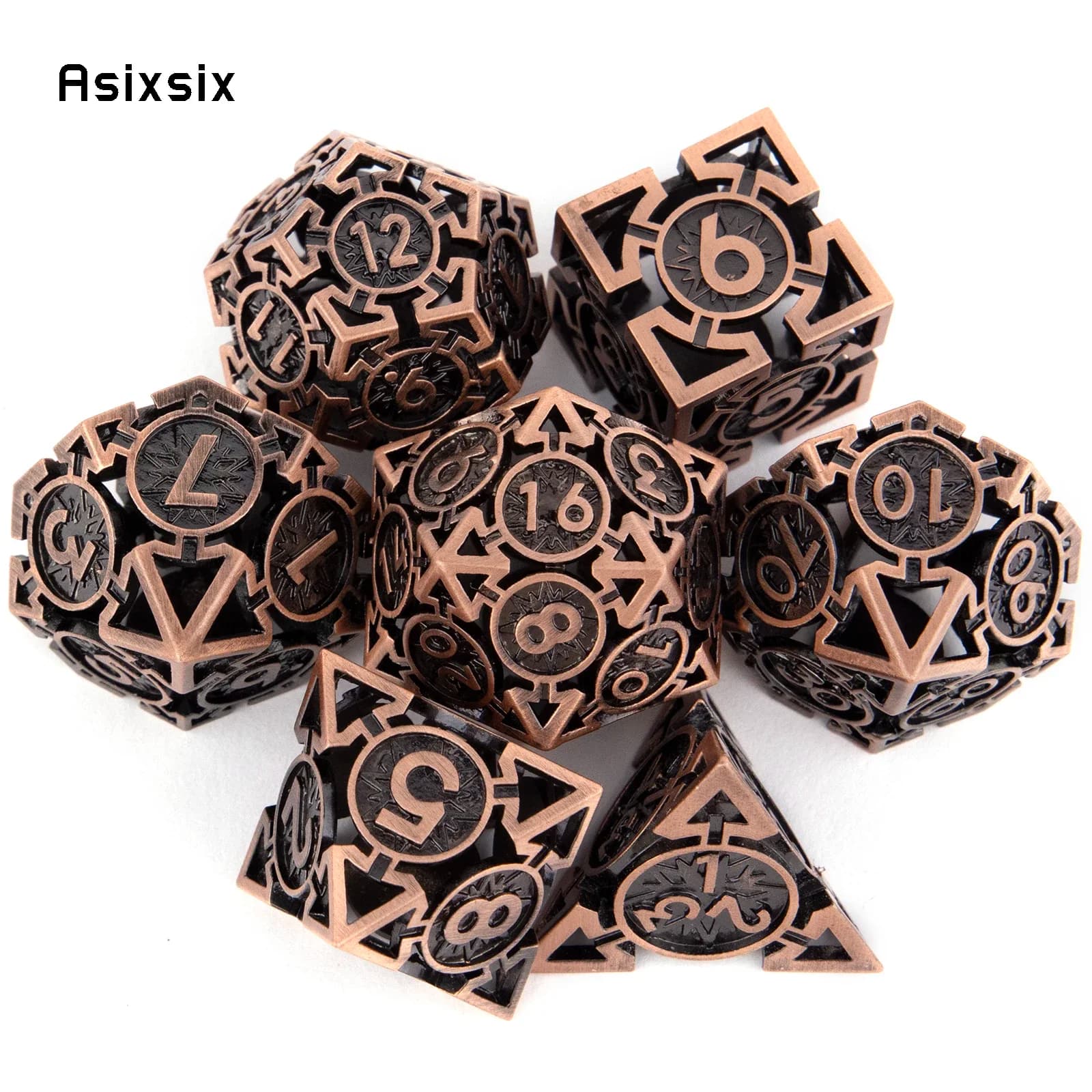 Set di 7 Dadi in Metallo Rame, Dadi Poliedrici Circolari Cavi in Metallo, Adatti per Giochi di Ruolo RPG, Giochi da Tavolo e Giochi di Carte