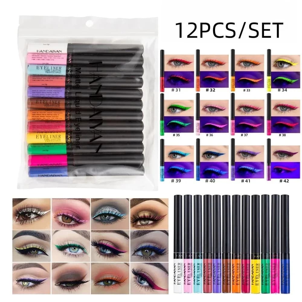 12pcs Colorful Waterproof Eyeliner Pen Set Fluorescent Matte Long-Lasting 24hrs Eye Liner Pencils for Face Makeup Decoration