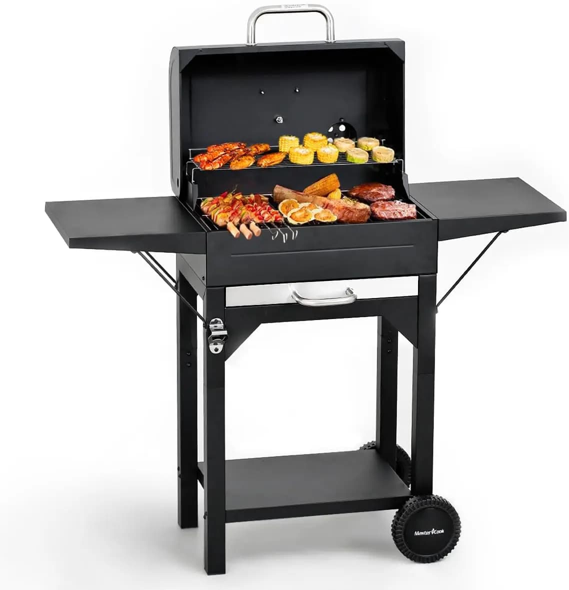Griglie a carbone con due tavolini laterali, barbecue per affumicatore da esterno da 17 pollici per campeggio, patio, feste in cortile, picnic, nero