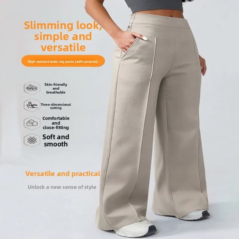 Solid Color High Waist Wide Leg Yoga Pants With Pockets Women Stretch Draped Casual Fitness Pilates Running Daily Trousers